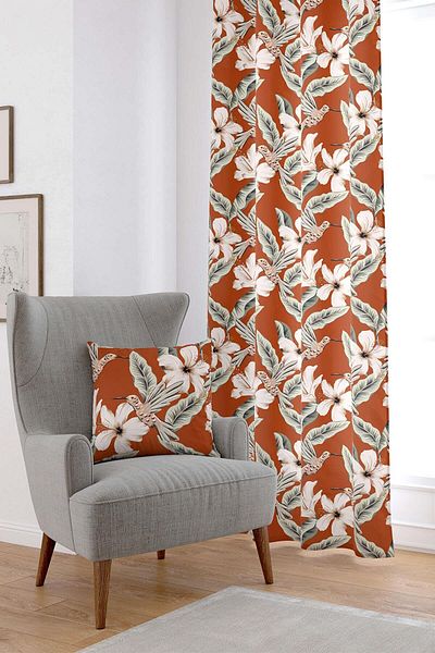 Cango Home Orange Flower Bird Patterned Digital Printed Curtain CGH1387-PR