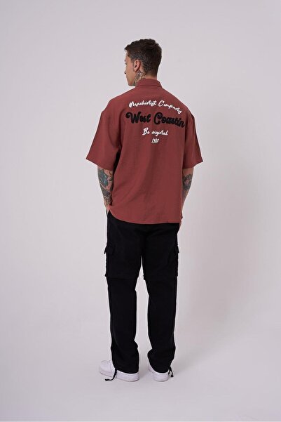 Machinist Men's Embroidered Basic Oversize Plum Shirt