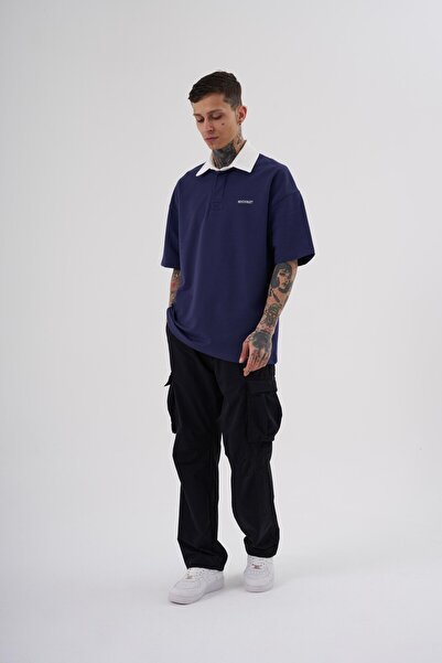 Machinist Ανδρικό μπλουζάκι με λαιμόκοψη Oversize Navy Blue Ecru Polo