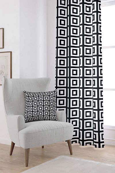 Cango Home White Black Modern Geometric Square Patterned Digital Printed Curtain Otyk558-pr