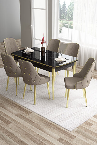 Canisa Tia Serisi 80x132 Açılabilir Mdf Siyah Mermer Desen Gold Detay Masa Ta...