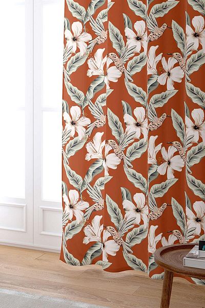Cango Home Orange Flower Bird Patterned Digital Printed Curtain CGH1387-PR