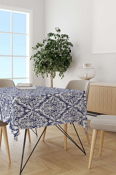 Cango Home Navy Blue and White Damask Patterned Tablecloth Cgh089-ms