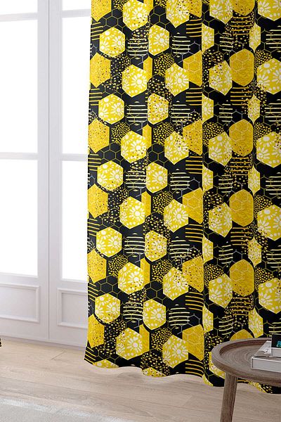 Cango Home Yellow Black Honeycomb Daisy Patterned Digital Printed Curtain Cgh1192-pr