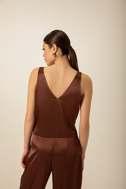 rue Satin V-Neck Brown Blouse