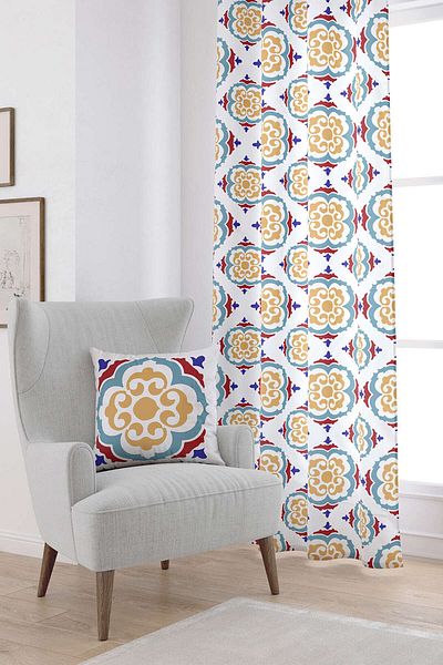 Cango Home White Blue Modern Ethnic Tile Patterned Digital Printed Curtain Cgh570-pr