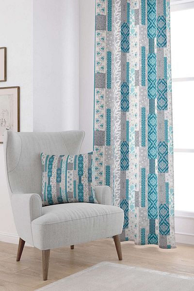 Cango Home Turquoise Gray Ethnic Patterned Digital Printed Curtain Cgh114-pr
