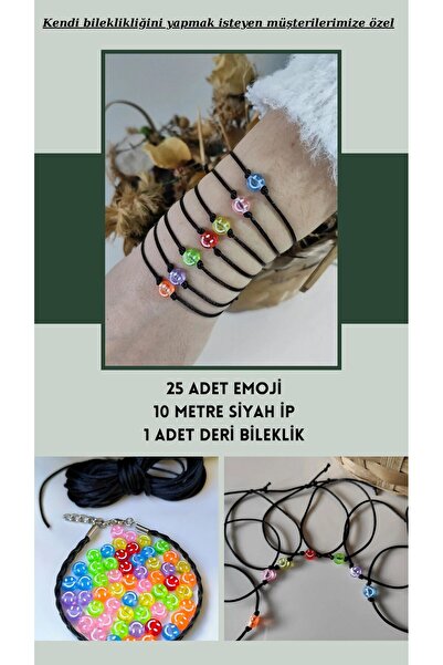 Esey Dizayn 25 Adet Emoji + 10 Metre ip + Deri Bileklik - Kendi Bilekliğini Oluştur Paketi