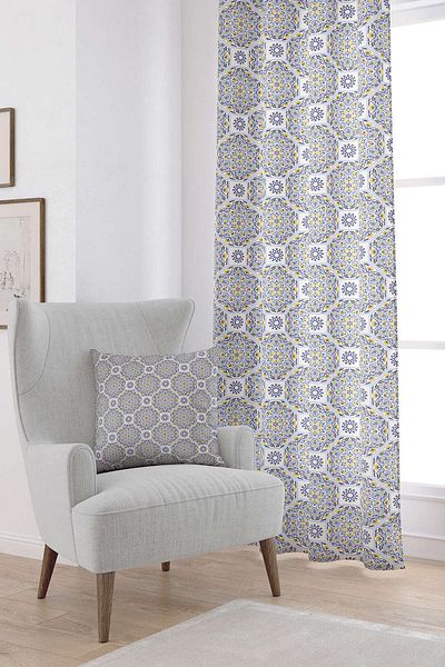 Cango Home Navy Blue Yellow Retro Vintage Patterned Digital Printed Curtain Otyk031-pr
