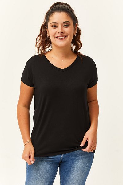 Ebsumu V-Neck Short Sleeve Women's Black T-Shirt - Plus Size