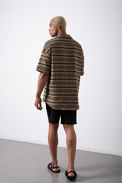 Machinist Ανδρικό ριγέ κοντομάνικο πουκάμισο Oversize Olive-μαύρο