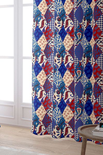 Cango Home Red Navy Blue Ethnic Patchwork Patterned Digital Printed Curtain Cgh622-pr