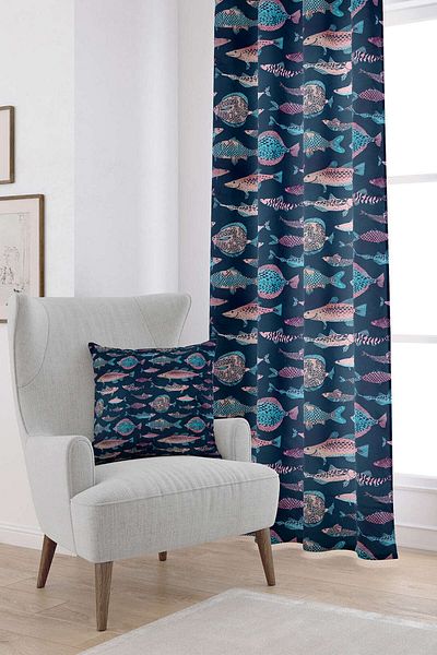 Cango Home Κουρτίνα με ροζ Navy Blue Fish Figured Digital Printed Cgh257-pr