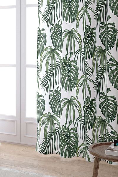 Cango Home White Green Palm Patterned Digital Printed Curtain Otyk784-pr