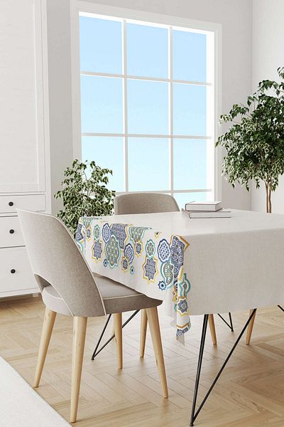 Cango Home Cream Blue Ramzan Themed Decorative Patterned Digital Printed Tablecloth Cgh1282-ms