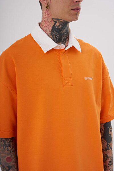 Machinist Men's Basic Oversize Orange Ecru Polo Neck T-Shirt