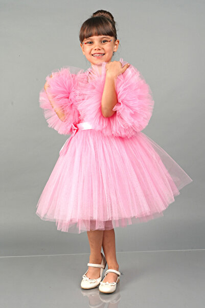 Mixie Pembe Ponpon Kollu Tüllü Kız Çocuk Abiye Parti Elbise