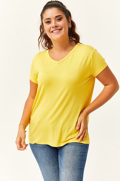 Ebsumu Plus Size Yellow V-Neck Short Sleeve T-Shirt