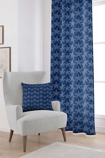 Cango Home Digital Printed White Navy Blue Marine Patterned Curtain - Cgh268-pr