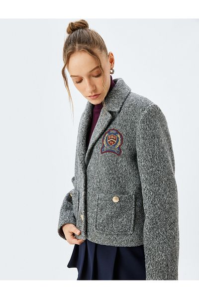 Koton College Embroidered Button Pocket Detailed Double Breasted Lined Textured Jacket
