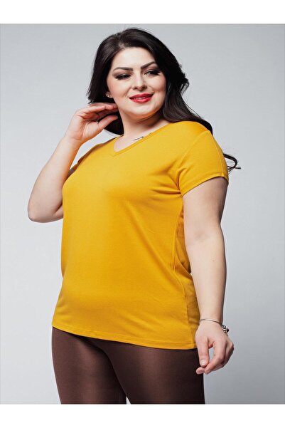 Ebsumu V-Neck Mustard Basic T-Shirt - Women's Plus Size, Short Sleeve