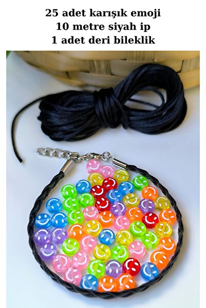 Esey Dizayn 25 Adet Emoji + 10 Metre ip + Deri Bileklik - Kendi Bilekliğini Oluştur Paketi