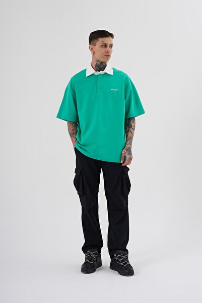 Machinist Men's Basic Oversize Green Ecru Polo Collar T-shirt