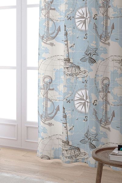 Cango Home White Blue Marine Themed Patterned Digital Printed Curtain Otyk787-pr