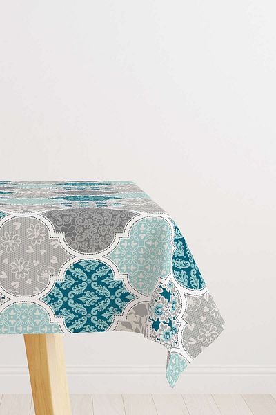 Cango Home Față de masă etnică florală albastru gri Cgh132-ms