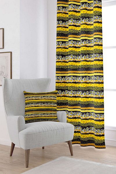 Cango Home Yellow Black Honeycomb Daisy Patterned Digital Printed Curtain Cgh1193-pr