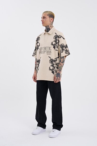 Machinist Ανδρικό μπλουζάκι με λαιμόκοψη σε ανοιχτό μπεζ πόλο - Floral printed