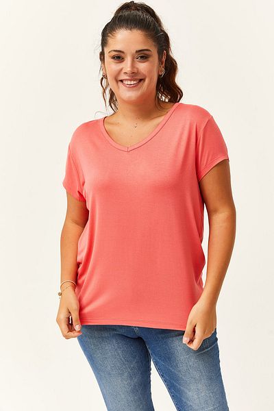 Ebsumu Plus Size V-Neck Coral T-Shirt - Short Sleeve Basic Model