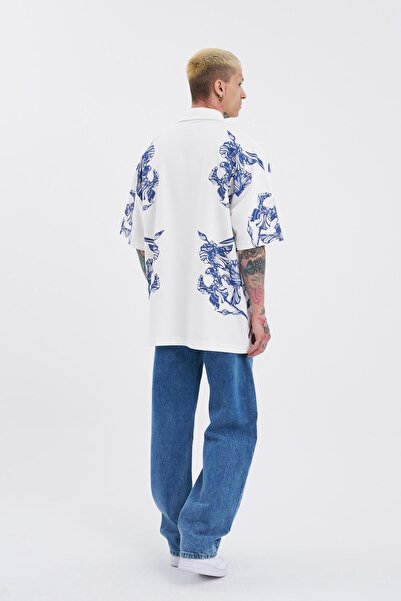 Machinist Ecru Polo Neck Men's T-Shirt - Aesthetic Flower Printed