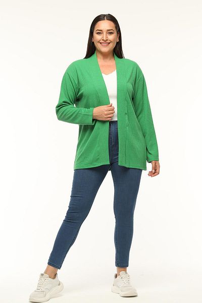 Ebsumu Women's Large Size Ribbed Casual Green Cardigan