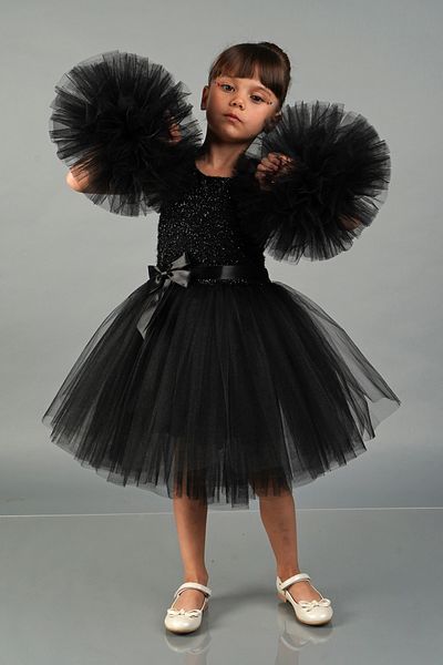 Mixie Black Pompom Sleeves Tulle Girls' Evening Dress Party Dress