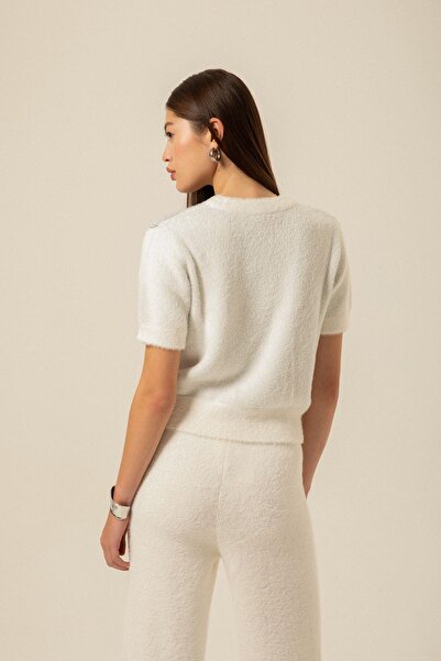 rue Bluză neagră din tricotaje cu mânecă scurtă cu model bloc