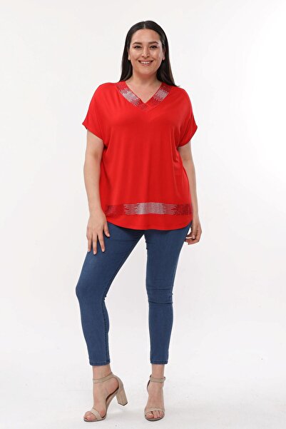 Ebsumu Red Plus Size Women's Blouse with Stone Detail