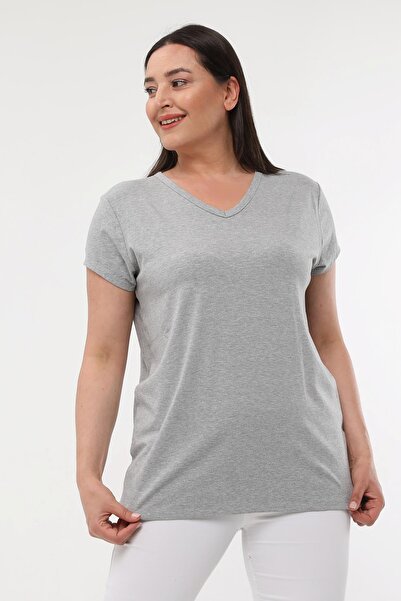 Ebsumu Women's Large Size V-Neck Basic Short Sleeve Gray T-Shirt