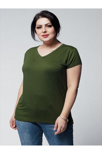 Ebsumu Large Size V-Neck Khaki T-Shirt - Short Sleeve Basic Model