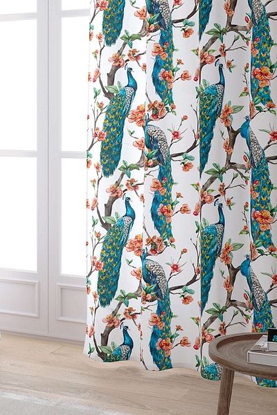 Cango Home Turquoise Orange Peacock Patterned Digital Printed Curtain Cgh016-pr