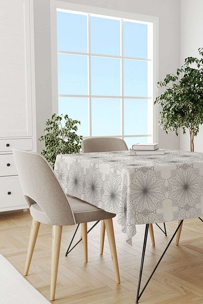 Cango Home Black and White Ramadan Themed Patterned Digital Printed Tablecloth Cgh1291-ms