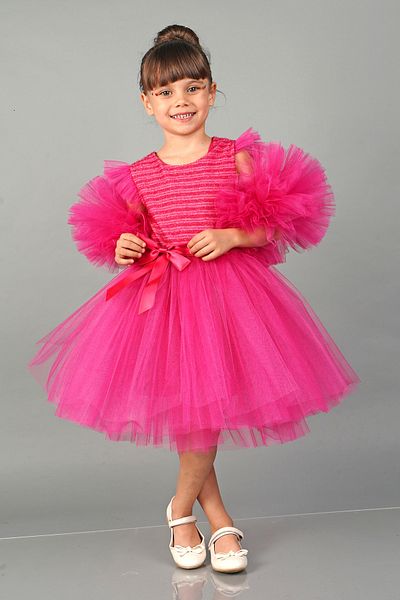 Mixie Fuchsia Pompom Sleeves Tulle Girls' Evening Dress Party Dress