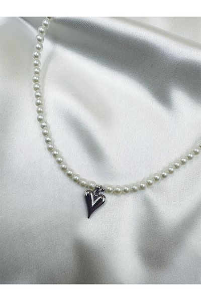 Eylülün Takısı Silver Color Heart Necklace with Pearls