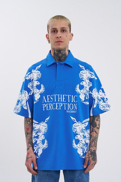 Machinist Tricou pentru bărbați cu gât polo albastru - Imprimat cu flori estetice