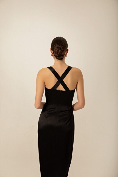 rue Black Satin Midi Dress with Chest Cup