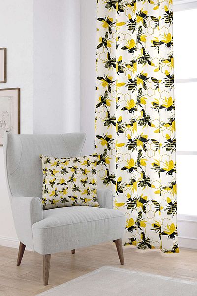 Cango Home Yellow Black Bee Honeycomb Patterned Digital Printed Curtain Cgh1194-pr