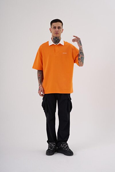 Machinist Men's Basic Oversize Orange Ecru Polo Neck T-Shirt