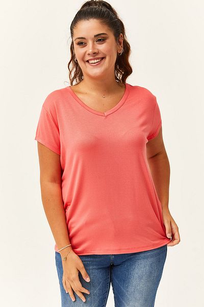 Ebsumu Plus Size V-Neck Coral T-Shirt - Short Sleeve Basic Model