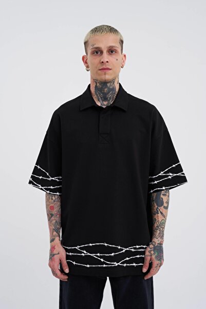 Machinist Ανδρικό Oversize Μαύρο T-Shirt - Barbed Wire Printed