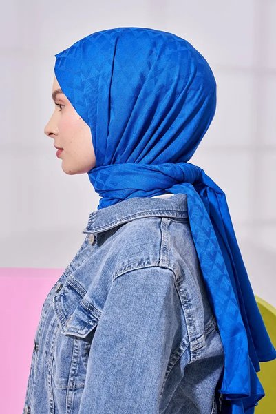 Madame Polo Silky Jacquard Lara Shawl Geometric Pattern - Cobalt Blue